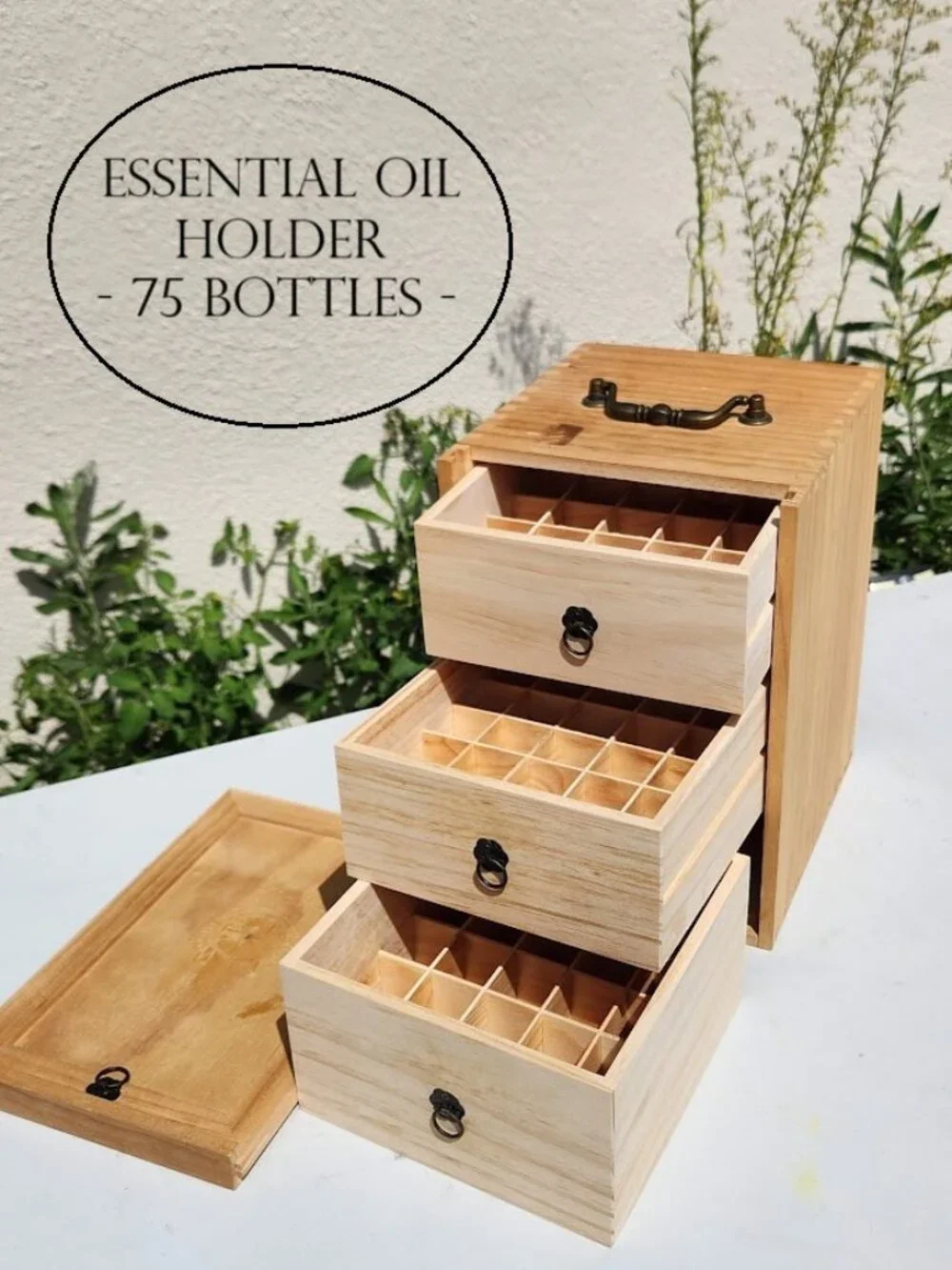 3 Drawer Essential Oil Organizer and Wooden Storage Chest Wellness 75 Bottle Cap